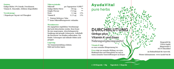 Durchblutung Ginkgo plus Vitamin K* und Eisen* - Pure Herbs – Bild 2